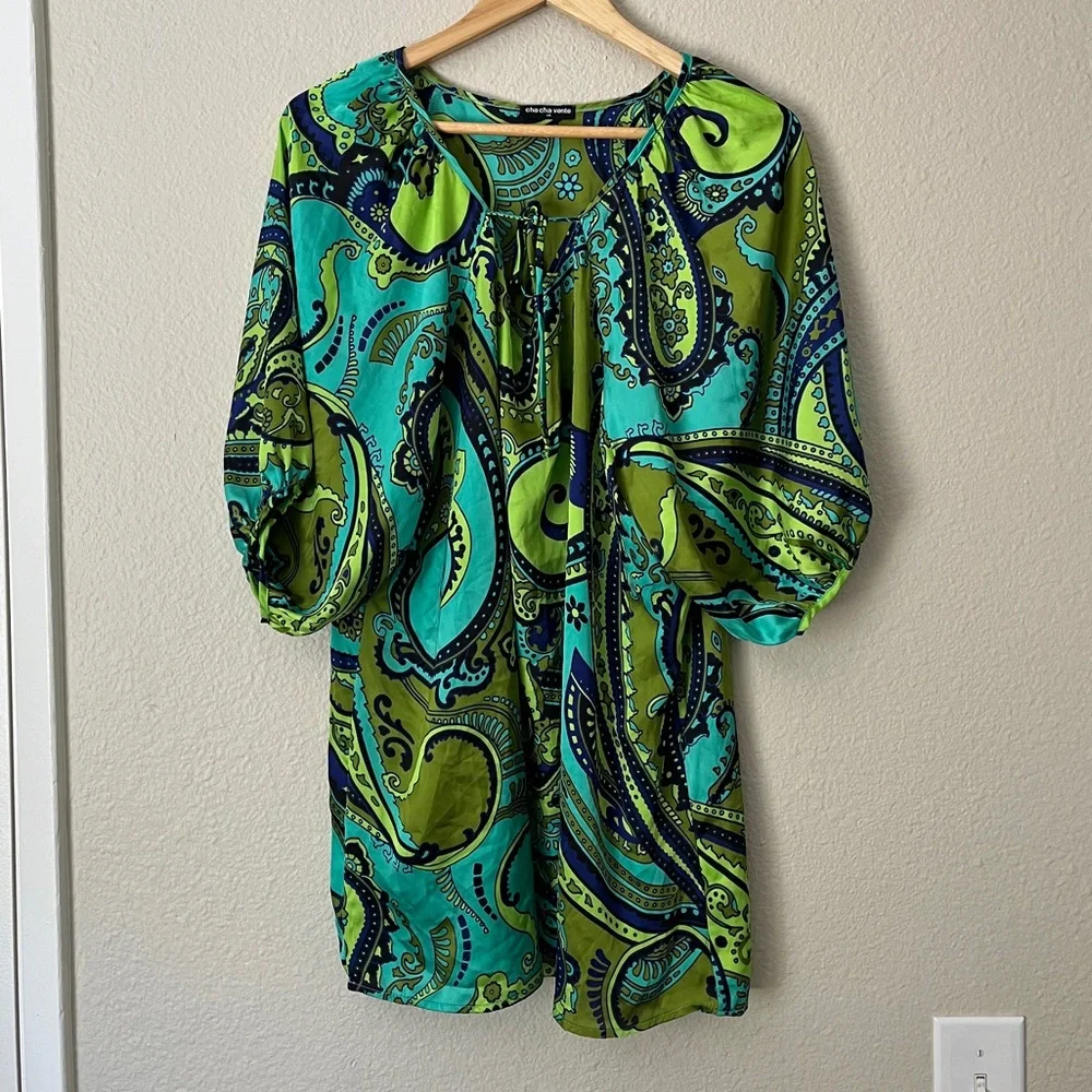 Cha Cha Vente Paisley Puff Sleeve Tunic Top Blouse Womens Size 1X Colorful - Picture 1 of 6